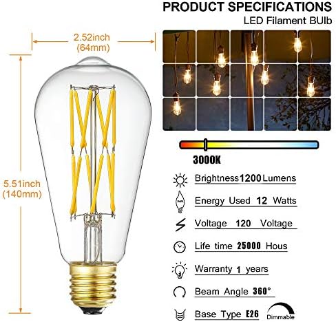 LVYE Edison LED Izzó Szabályozható 12W 3000K Puha, Fehér 1200LM, 100W Egyenértékű E26 Közepes Bázis, ST64 Vintage LED Izzók,
