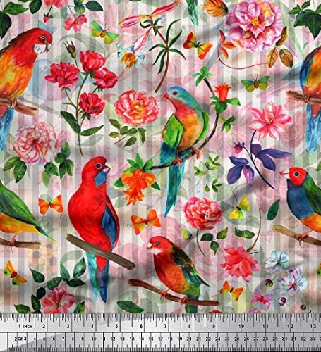 Soimoi Pamut Jersey Anyagból Csík,Kamélia & Papagáj Madár Nyomtatott Kézműves Szövet által Az Udvaron 58 cm Széles